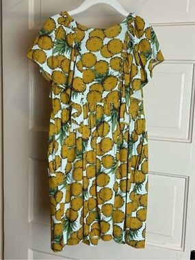 Kate Quinn EUC Pineapple Tropical Flutter Sleeve Dress Bamboo